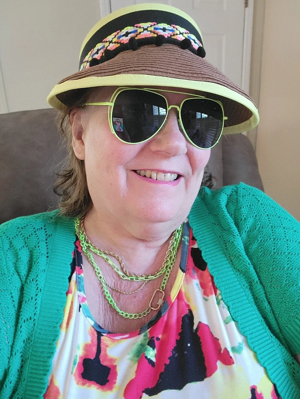 Embroidered Black & Brown Pom-Pom Visor with Neon Accents